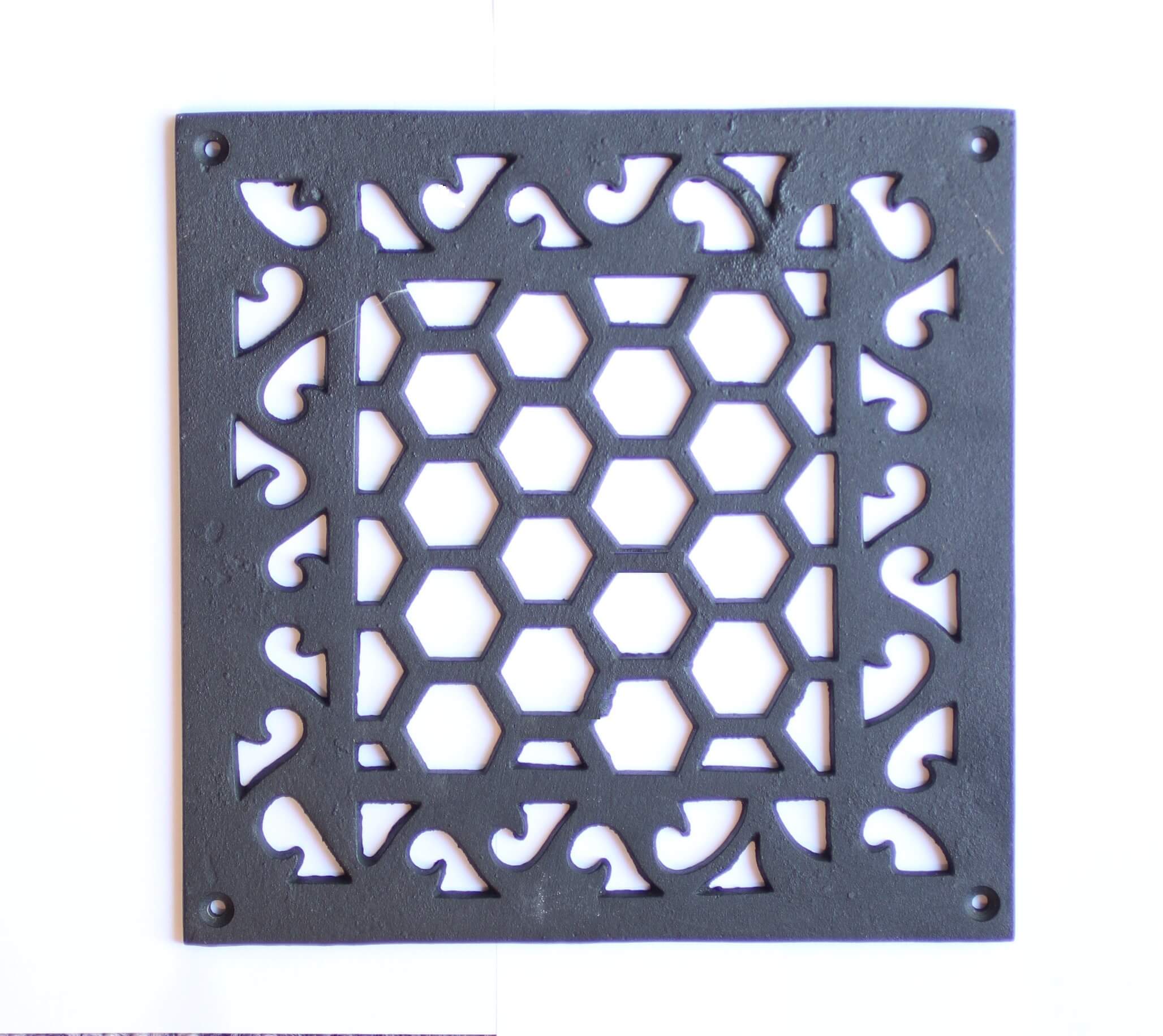 Cast iron 8-3/4" x 8-3/4" x 1/4" black square floor grate.