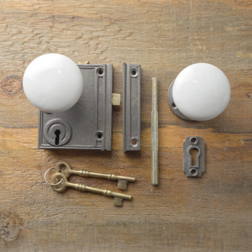 Vertcal cast iron square rim lock with white porcelain knob